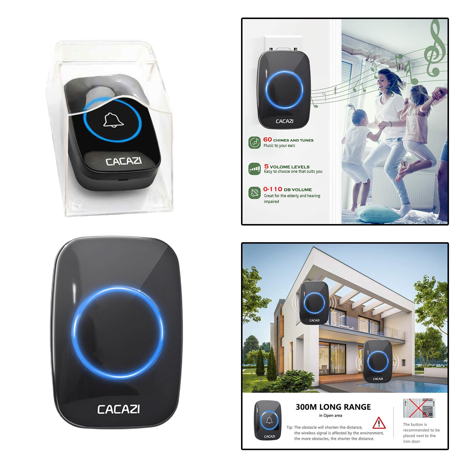 Wireless Door Bell Transmitter &Receiver Kit 5 Volume Levels 60 Chimes UK: Black