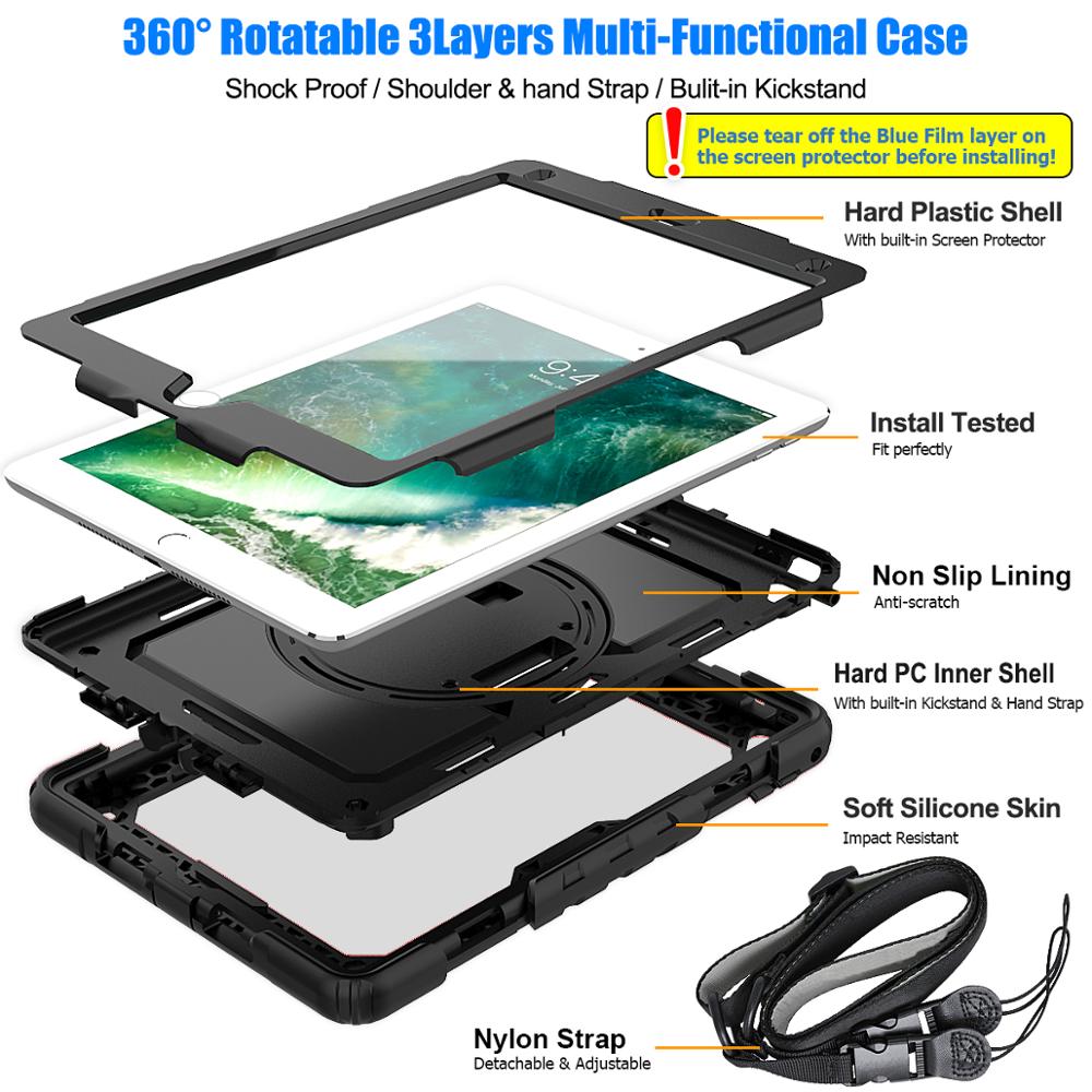Universal Though Rugged Case for ipad air 2 6th 5th gen pro 9.7 inch Hand Strap cases with Kickstand Stand and Shoulder Strap