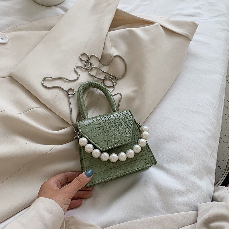 Perle poignée Super mini en cuir PU sacs à bandoulière pour femmes sac à bandoulière voyage sacs à main motif pierre: green