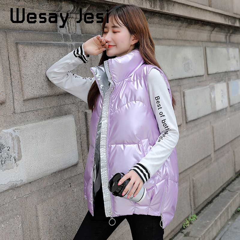 Brillant automne hiver femme gilet manteau décontracté brillant tissu gilet femmes épais imperméable sans manches dame veste grande taille