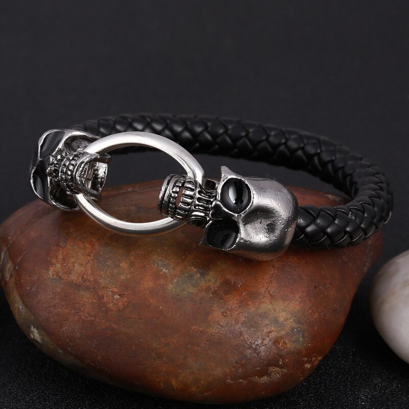 Classical Black Handmade Leather Chain Weaved Man Skull Bracelets Magnet Clasp 316L Stainless Steel Wristband