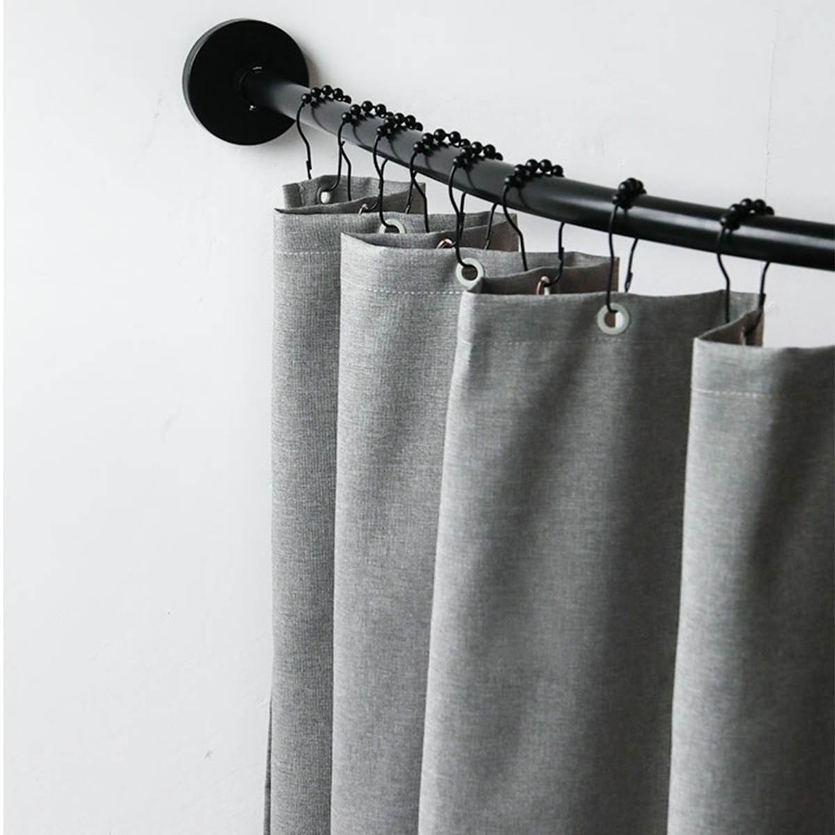 Extendable Corner Shower Curtain Rod Pole Black Stainless Steel Rail Rod Bar Bath Door Hardware Heavy Loaded With 12 Metal Hooks