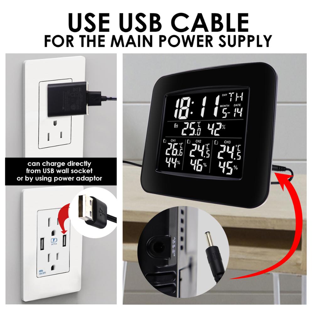 Digital Wireless Weather Station Indoor Outdoor Temperature & Humidity Hygrometer w/ 3 Sensors Alarm Clock Function LED Light