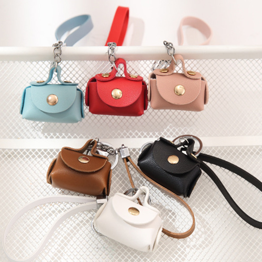 Kvinder kunstlæder mini nøgleringskæde håndtaske vedhæng rygsæk nøglering ornament øretelefon opbevaring pengepung