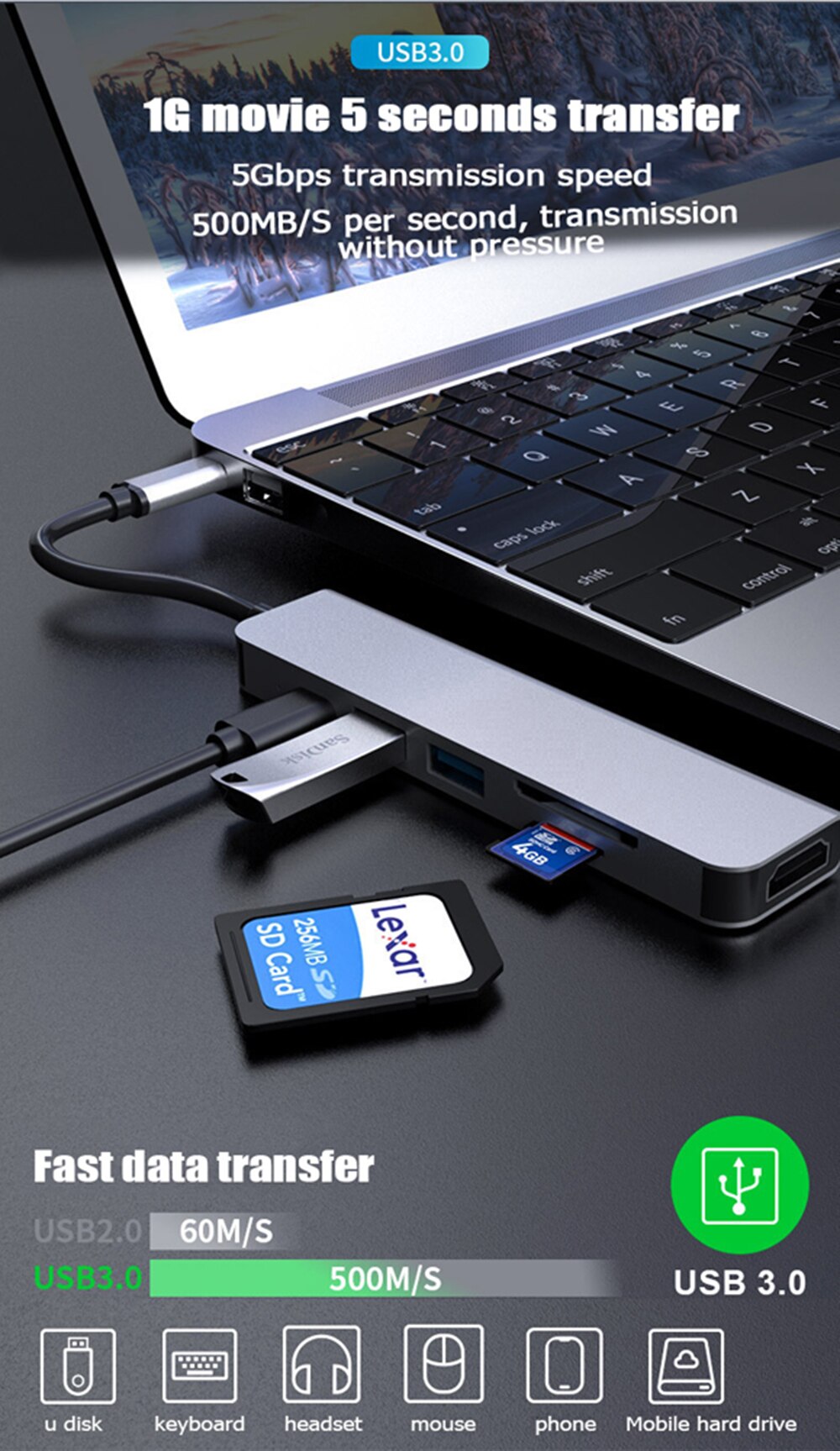Usb c hub adaptador 6 em 1 usb 3.0 hdmi-doca compatível para macbook pro para nintendo switch USB-C tipo c 3.0 divisor