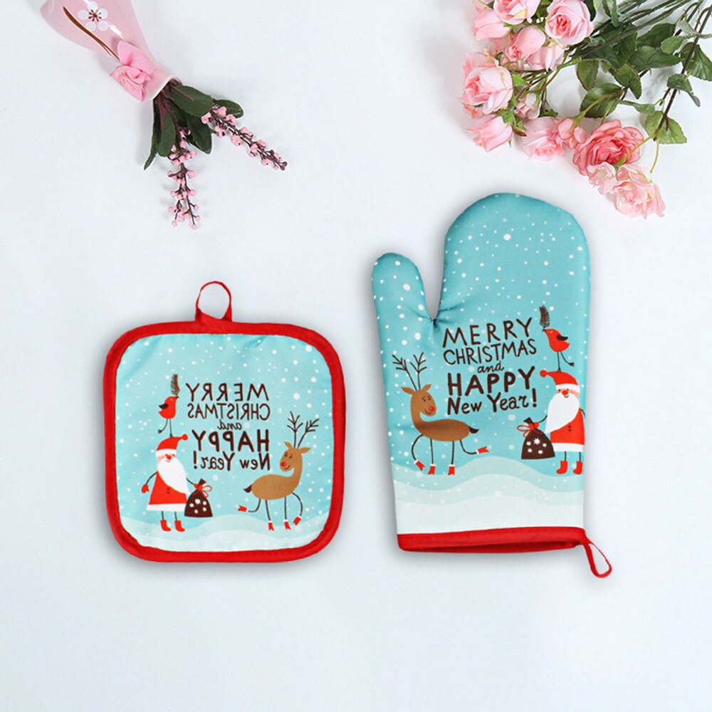 Juego de 2 guantes Anti-calor para hornear navideños, aislante para horno y microondas esterilla, suministro navideño, manoplas y estera para barbacoa, cocina casera: F