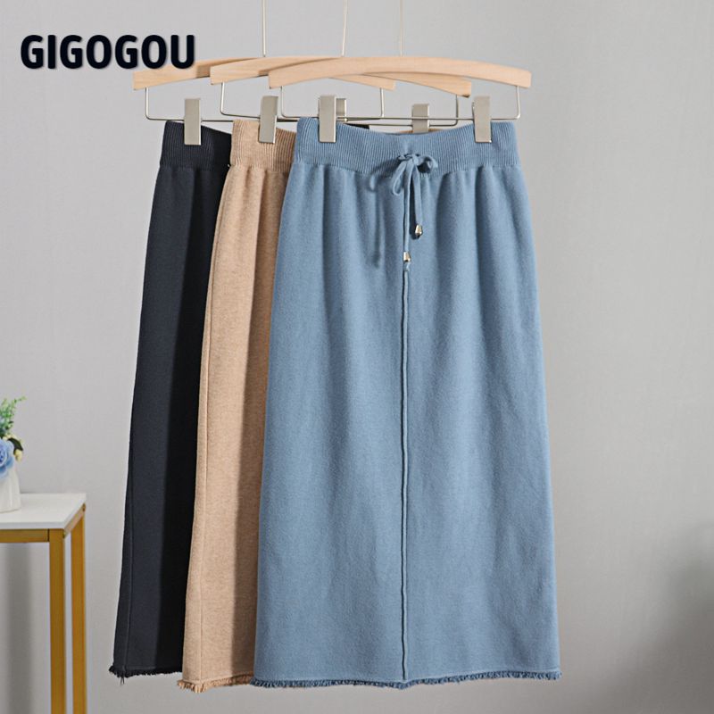 GIGOGOU Autumn Winter Knit Women Skirt Drawstring Midi Skirts Autumn Winter Long Maxi Bodycon Skirt Pencil Sweater Skirt