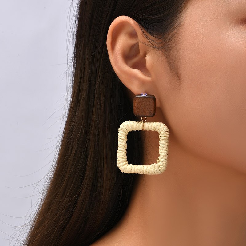 Female Bohemian Handmade Vine Rattan Straw Woven Dangle Earrings For Women Boho Geometric Square Wooden Earring Jewelry