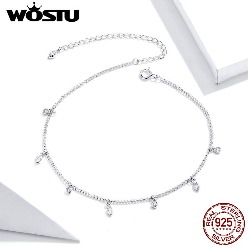 WOSTU Reine Echte 925 Sterling Silber Perlen Curb Kette Fußkettchen Für Frauen Mädchen Freund Fuß Schmuck Bein Armband Barfuß Tobillera