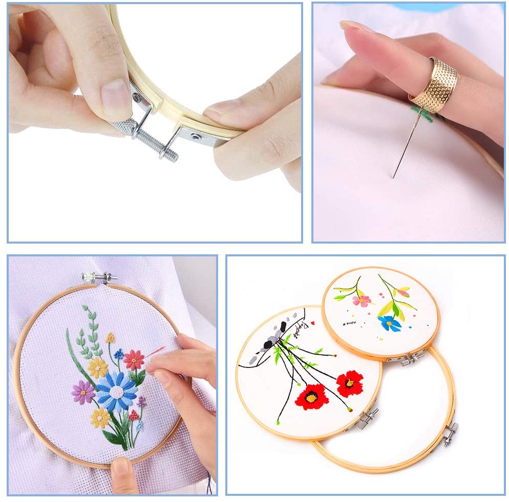 LMDZ Cross Embroidery Hoop Set, 6 Pcs Stitch Hoops, Cross Stitch Circle, Embroidery Circle with 3 Sizes Sewing Needles, Thimble