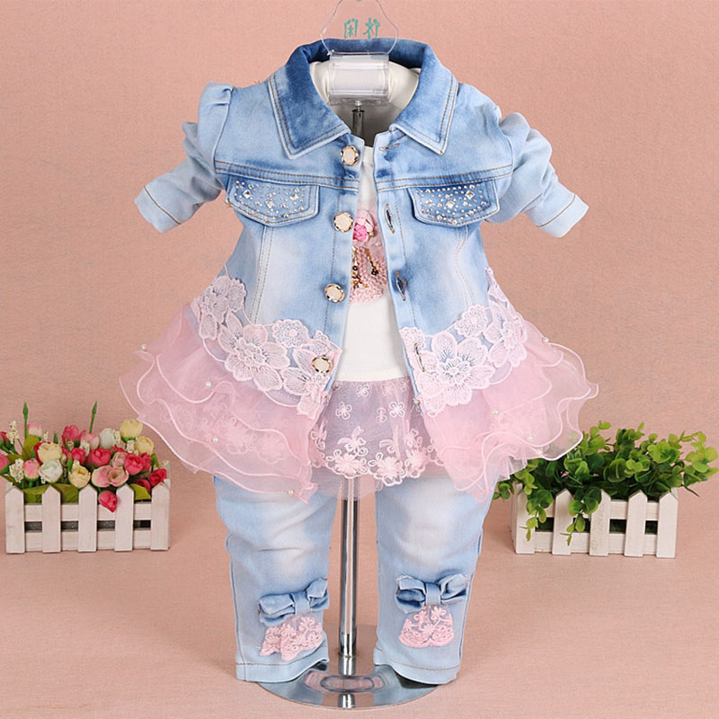 Niños conjunto, ropa de bebé niña 3 piezas traje de chaqueta pantalones de mezclilla otoño primavera ropa jeans para bebé niño chico Rosa kit de bebe