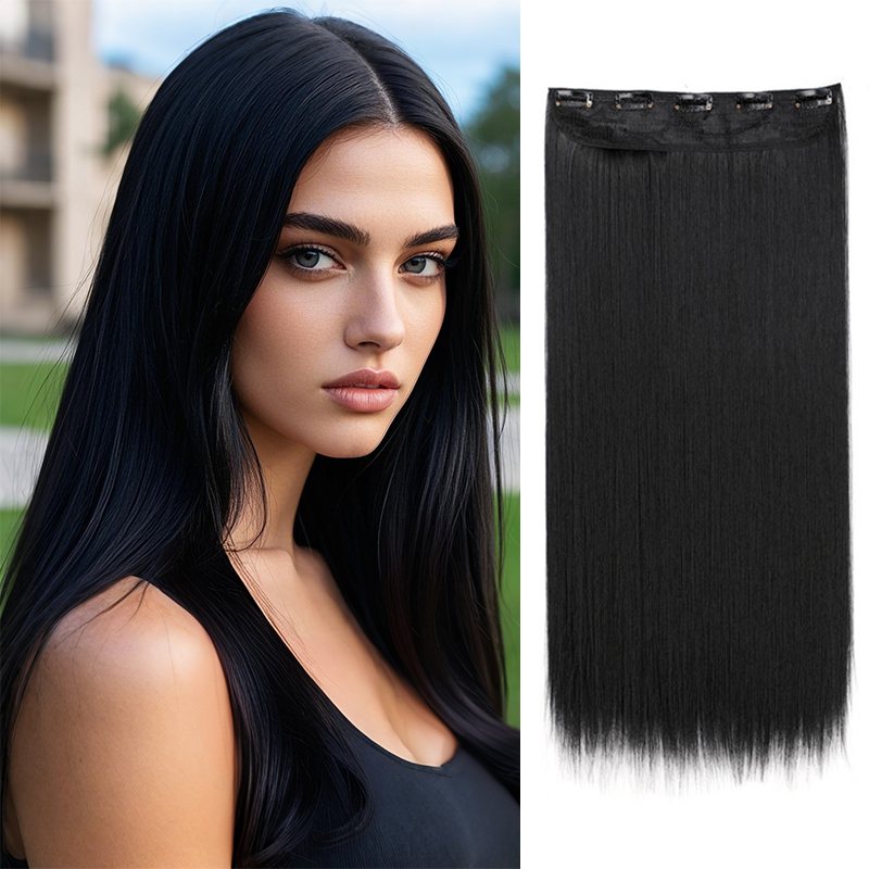 Extensiones de cabello invisibles de una pieza con 5 clips sintético, postizo largo y recto de 24 pulgadas resistente al calor para mujeres