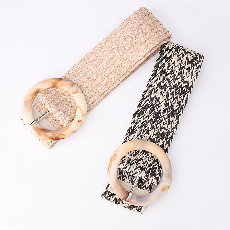 Summer Women Braided Elastic Belt Round Resin Buckle Vintage Bohe Straw Buckle Belt Dress Shirt Dress Belt Female Knitted Belt