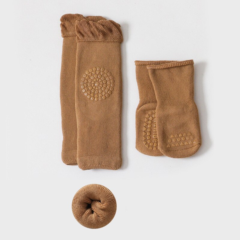 Calcetines gruesos y cálidos para bebé, medias antideslizantes para gatear, con rodilleras, 2 par/set: Brown / 1-3Years (12-14cm)