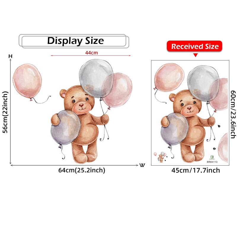 Standing Teddy Bear with Pink Grey Balloons Wall Stickers for Kids Room Baby Nursery Room Decoration BABY Shower Wall Decals PVC