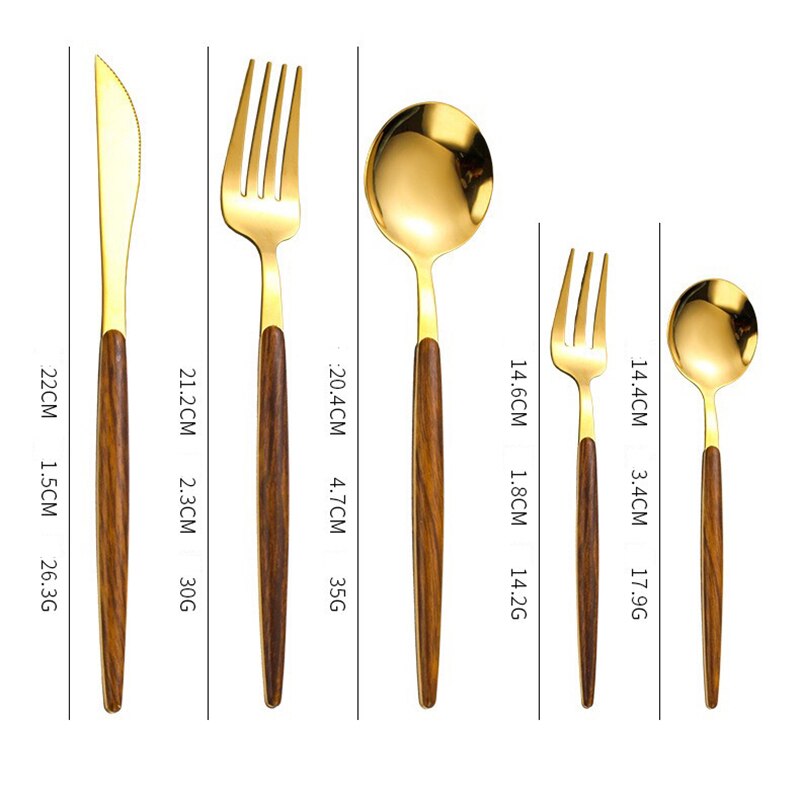 5 Stks/set Portugal Bestek Houten Handvat Roestvrij Stalen Bestek Set Westerse Voedsel Bestek Golden Steak Bestek Lepel Servies: Gold