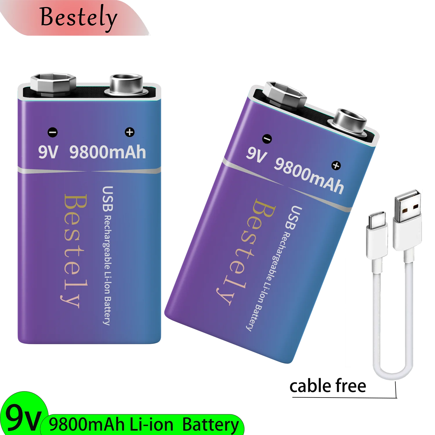 9V Rechargeable Lithium Battery , 9800mAh Long Lasting 9v Li-ion Batteries with Cable ,for Smoke Detector,Alarms,Microphone