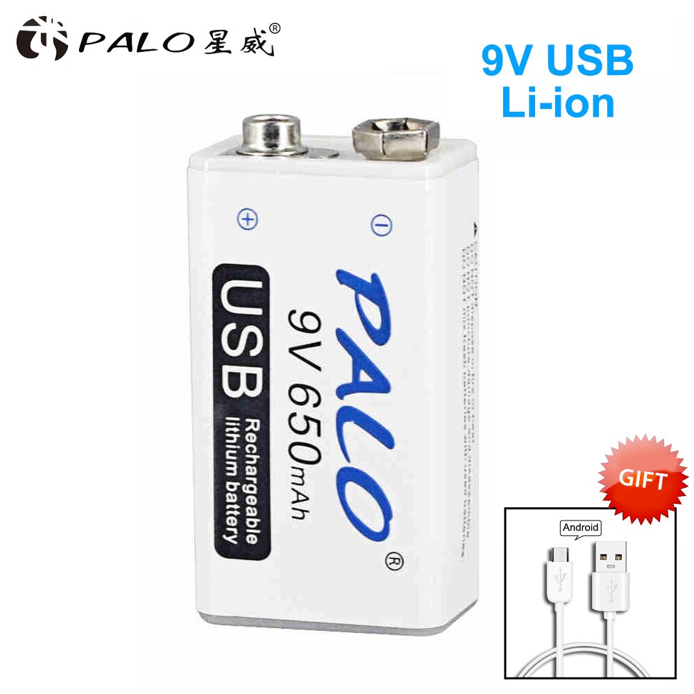 PALO 9V USB batterie au Lithium 650mAh 6F22 6LR61 Li-Ion batterie Rechargeable pour jouets masseurs multimètres guitare avec câble USB: 1 pcs