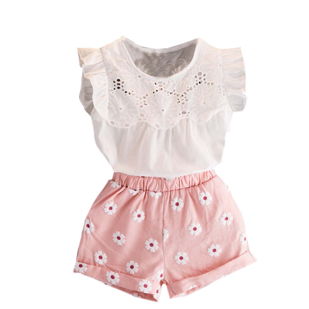 2Pcs Bambini Del Bambino Del Bambino Delle Ragazze Vestiti Set Senza Maniche In Pizzo Magliette E Camicette Della Maglia + Stampato Floreale Shorts Abiti Set Per 2 3 4 5 6 7 anni di Ragazza: 6-7T