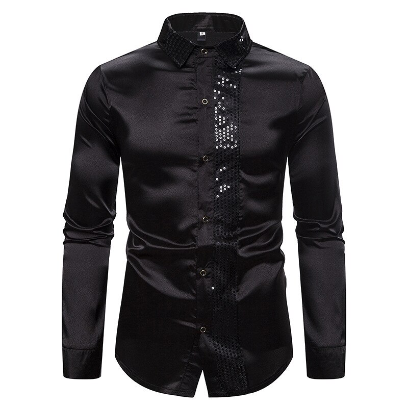 Timall 2020 herre silke sateng skinnende skjorter herre slim fit langermet paljett patchwork fest nattklubb bryllup skjorte s -2xl