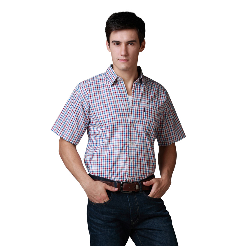 Shirt Men Shirt Brand Casual Shirt Plus Chest Basic Short Sleeve Cotton Plaid Shirt Best Size S M L4Colors: SkyApple RadWhite718 / S