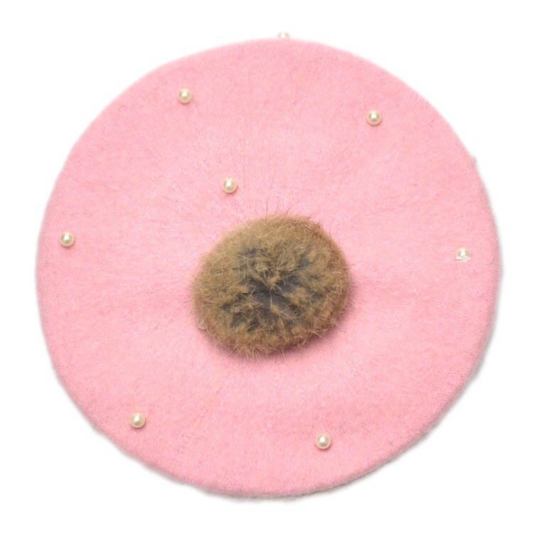 Børn perle kanin pels baret hat til baby piger hue hatte med pompon multicolor: Lyserød