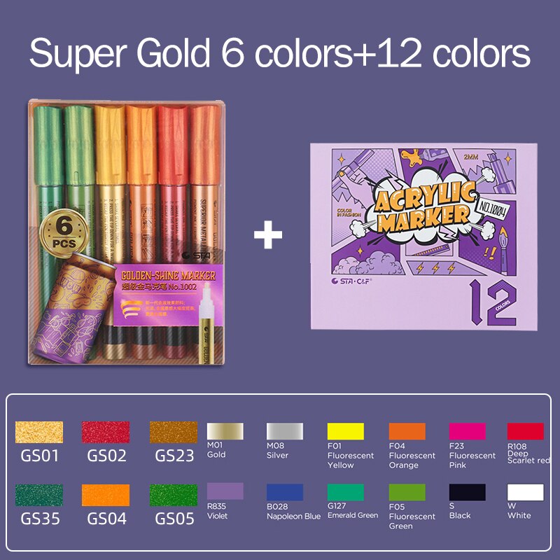 STA 1004 DIY Acrylic Markers Pen Set Drawing Poster Journal Scrapbook Painting Graffiti Pens For School Student Art Supplies: 6 12color-1002-1004