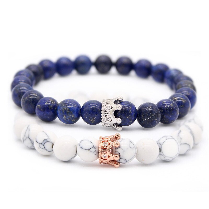 8mm Natural Stone Beads Bracelets & Bangles King Queen Couple Bracelet for Lovers His And Hers Jewelry Handmade MBR180309: dark blue white