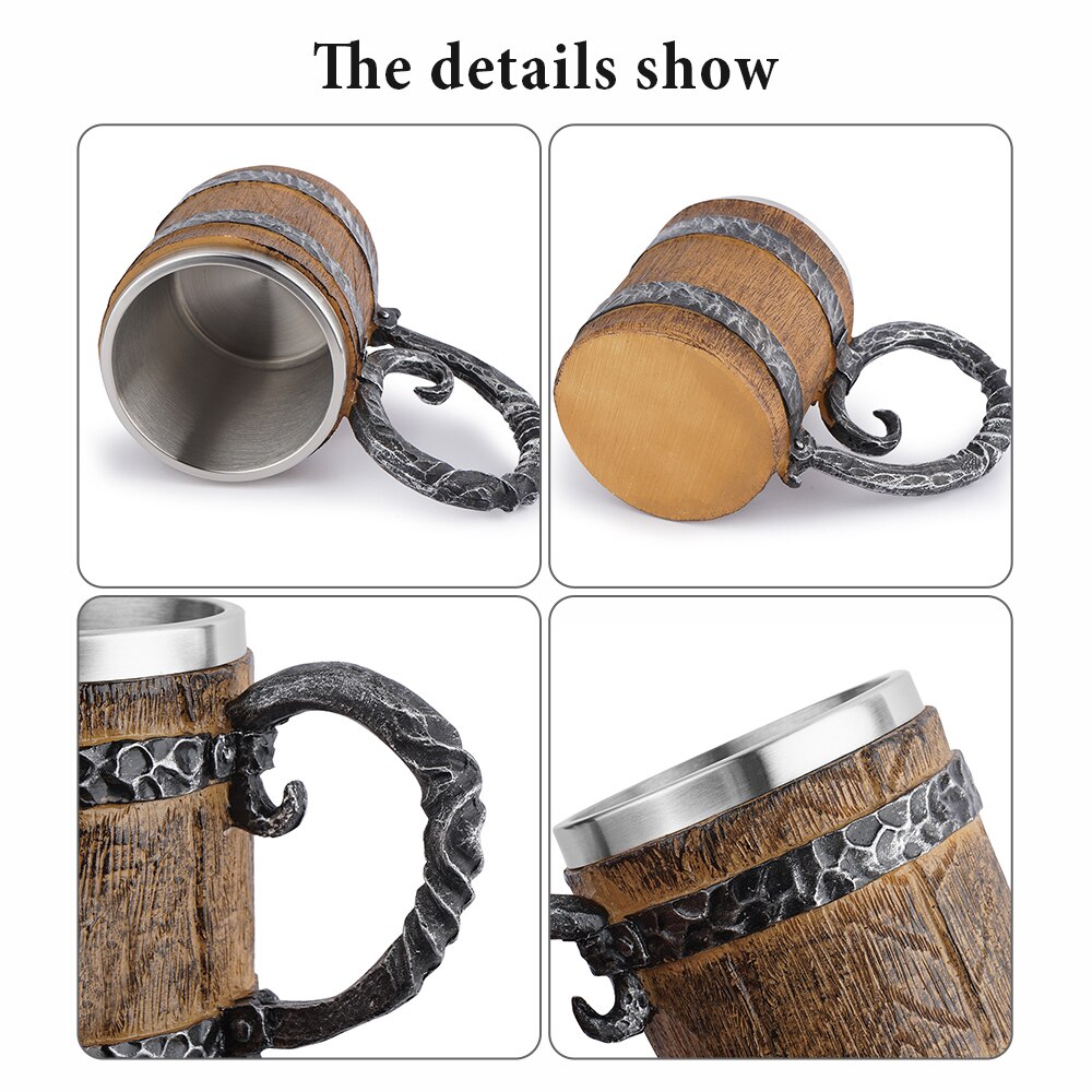 550Ml Viking Hout Stijl Bier Mok Als Simulatie Houten Vat Beer Cup Double Wall Mok Metalen Geïsoleerde houten Barre