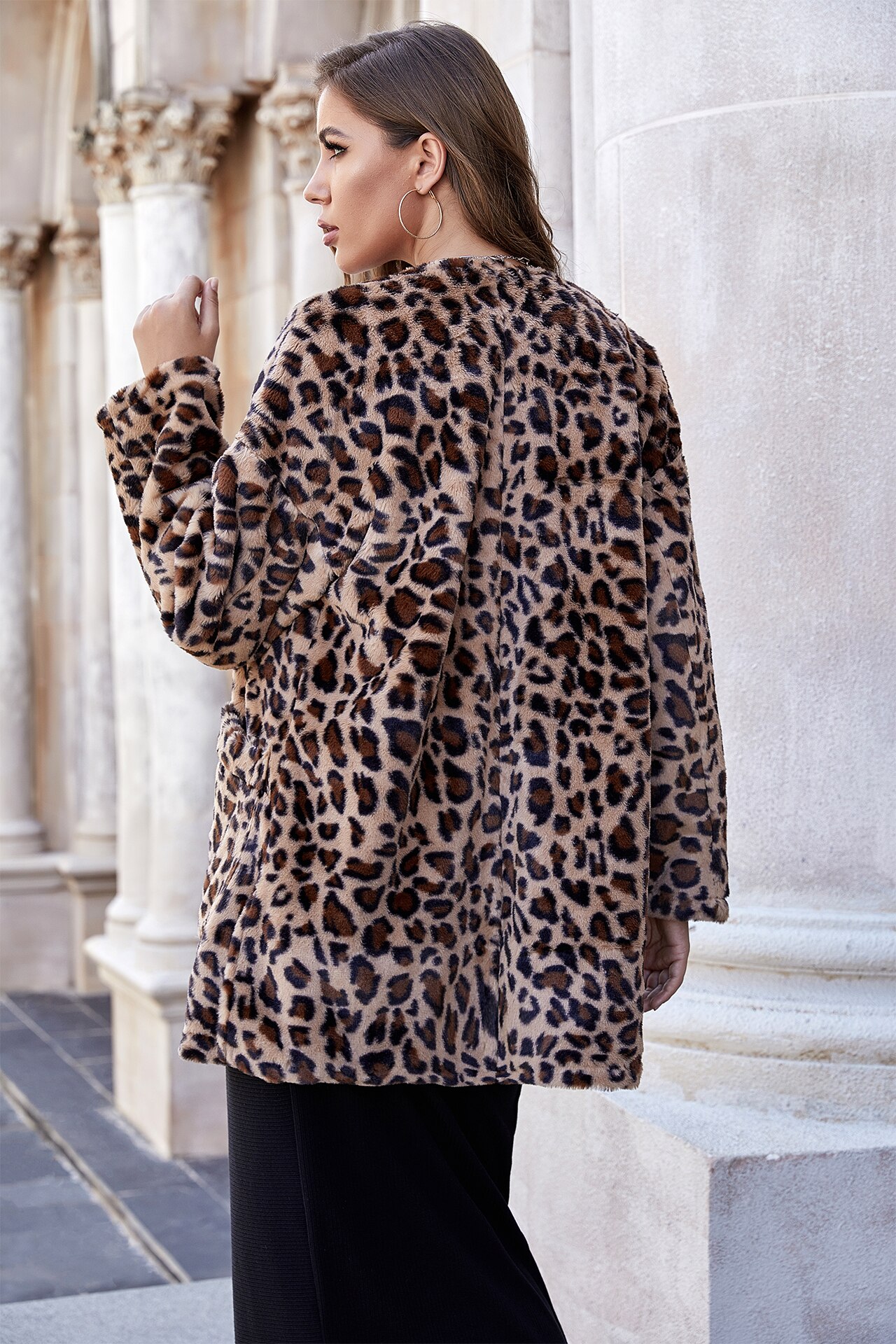 Women's leopard print fur imitation Lapel long sleeve coat thickened and warm medium length women's coat high collar sexy