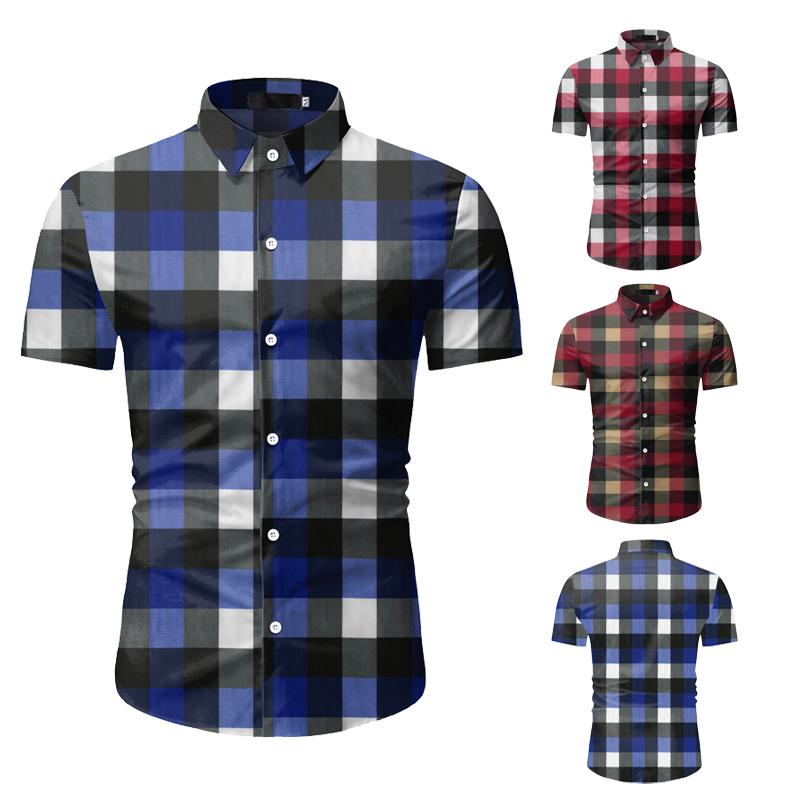Casual Printed grid Short Sleeve Shirt Men Street Hawaii Beach Oversize Harujuku Shirts for Men