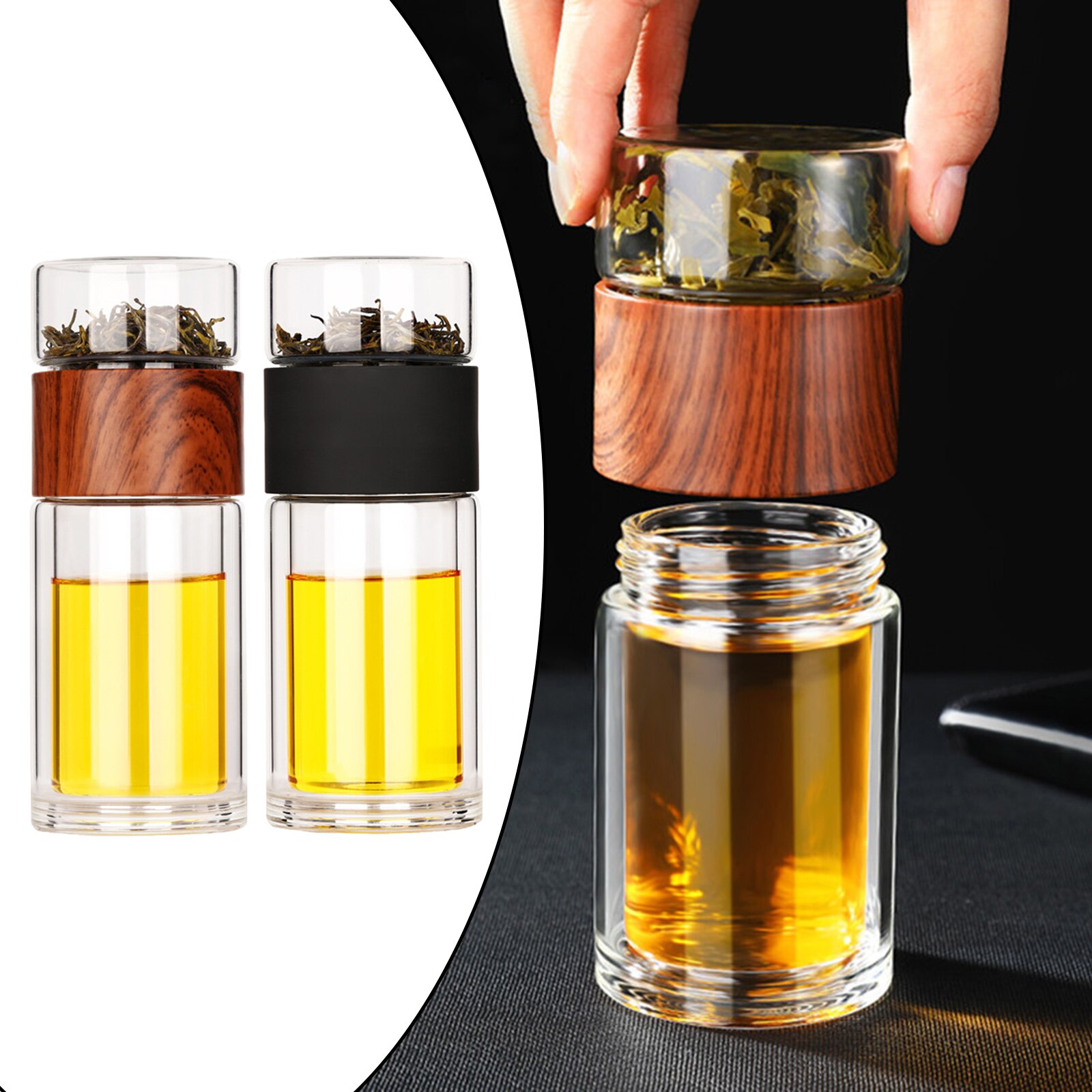 Botella de vidrio para infusiones, vaso de viaje portátil de doble pared con malla de acero inoxidable a prueba de fugas para hojas sueltas