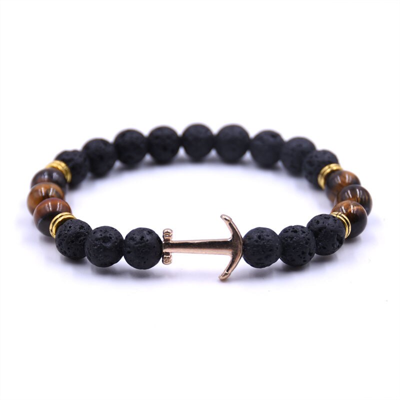 Brazalete de ancla dorado cuentas pulseras de piedra de lava para mujeres Pulseira Masculina joyería para hombres Feminina Bileklik brazalete elástico