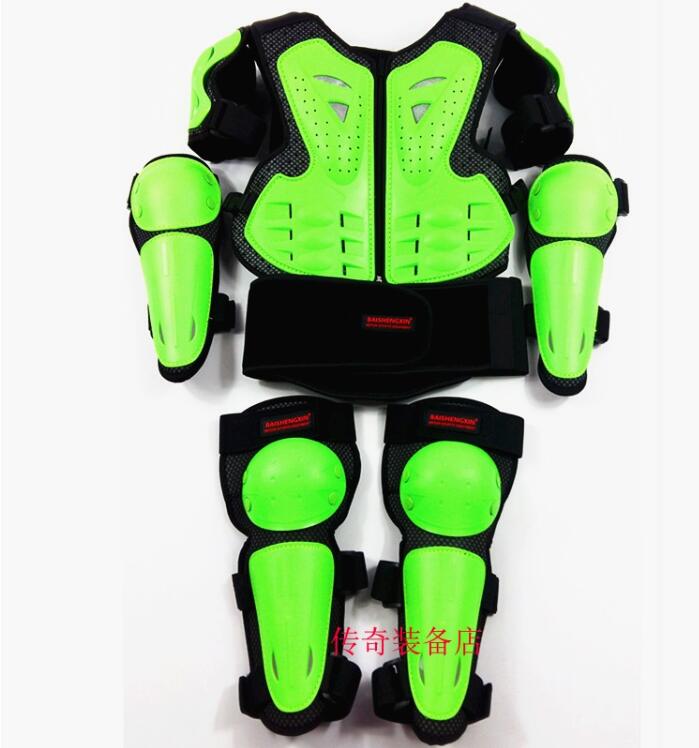 Child Motorcycle Motocross Body Jacket Vest Armor Kids Chest Spine Protection Gear with Elbow Shoulder KNee Pad For 5-14 years: green