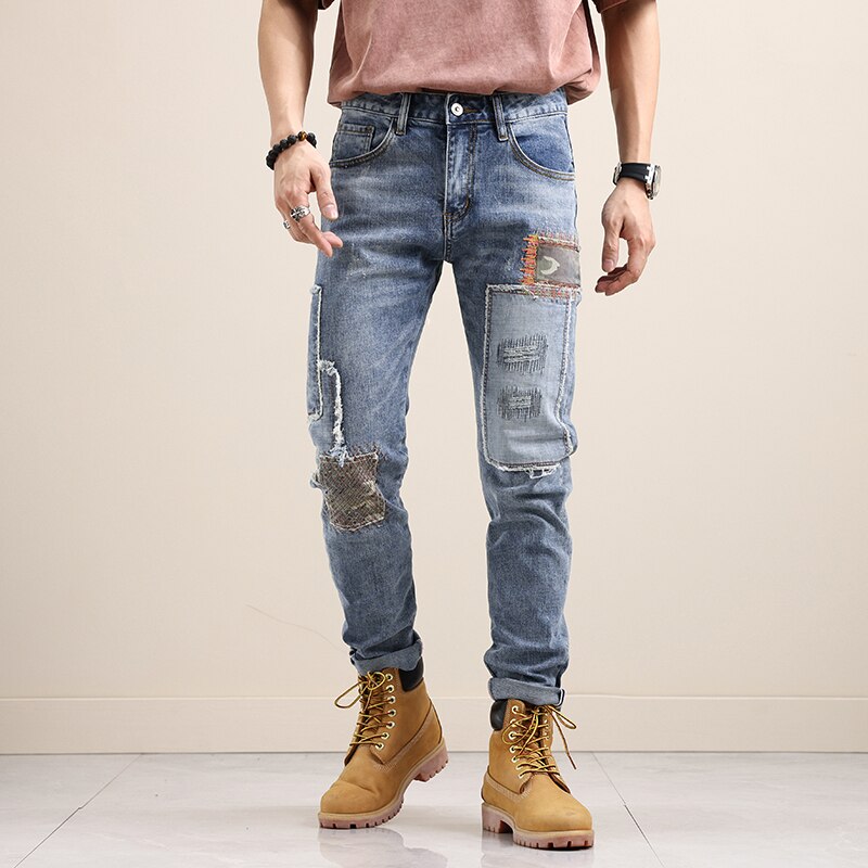 Embroidered Camouflage Patch Jeans Men Splicing Streetwear Male Wear Ripped Hole Skinny Jeans Denim Trousers