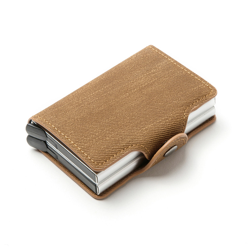 BISI GORO Anti-theft Double Boxes Wallet RFID Blocking Card Holder Denim Business Pop-up Metal ID Case: YM002 Brown