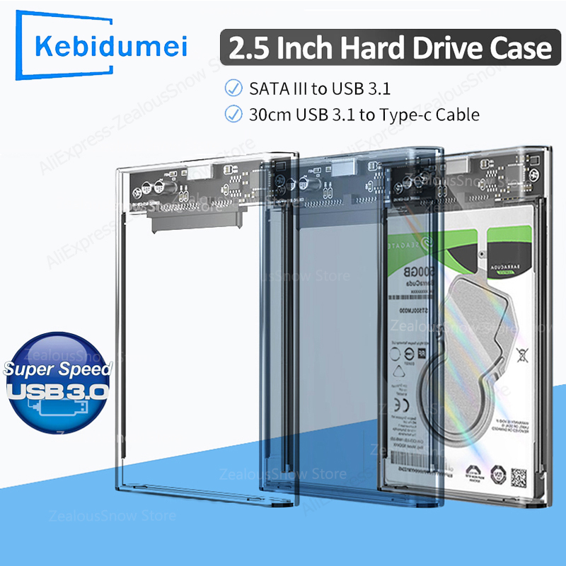 USB 3.0 External Hard Drive Enclosure 2.5 inch SATA to USB3.1 UASP Clear Portable Hard Drive Case 2T HDD Tool-Free Transparent