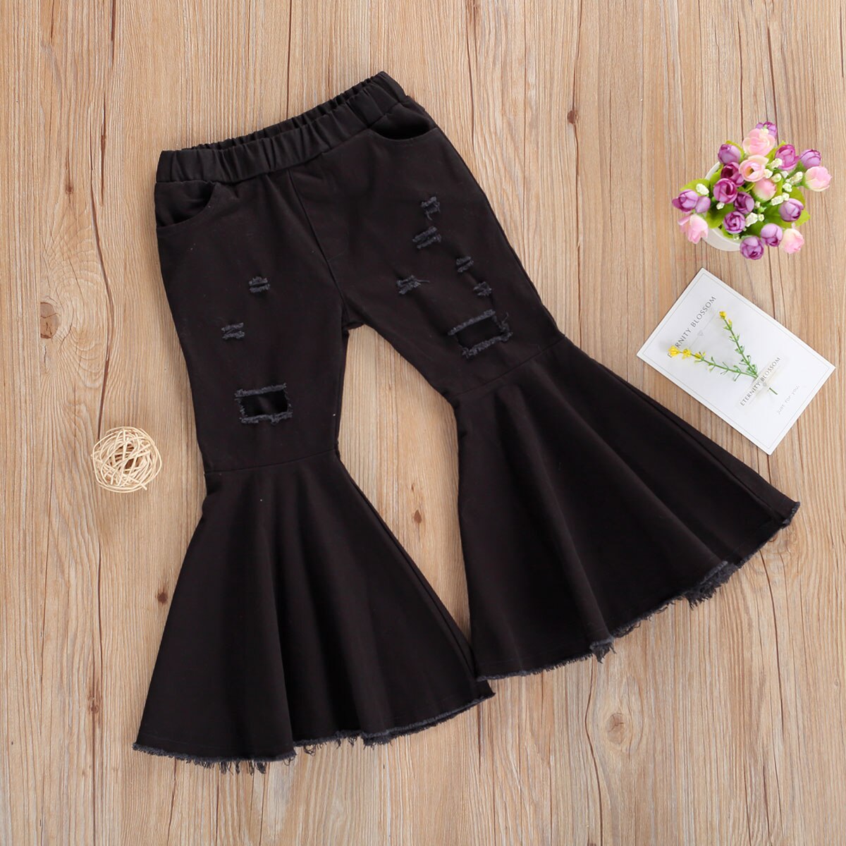 Peuter babymeisjes gescheurde broek elastische taille gerafelde ruwe zoom uitlopende lange broek effen broek baby peuter casual kleding