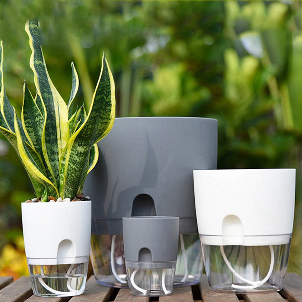 Maceta de agua de plástico de 2 niveles redonda de resina con autorriego hidropónico maceta para plantas hogar Oficina jardín decoración tiesto redondo