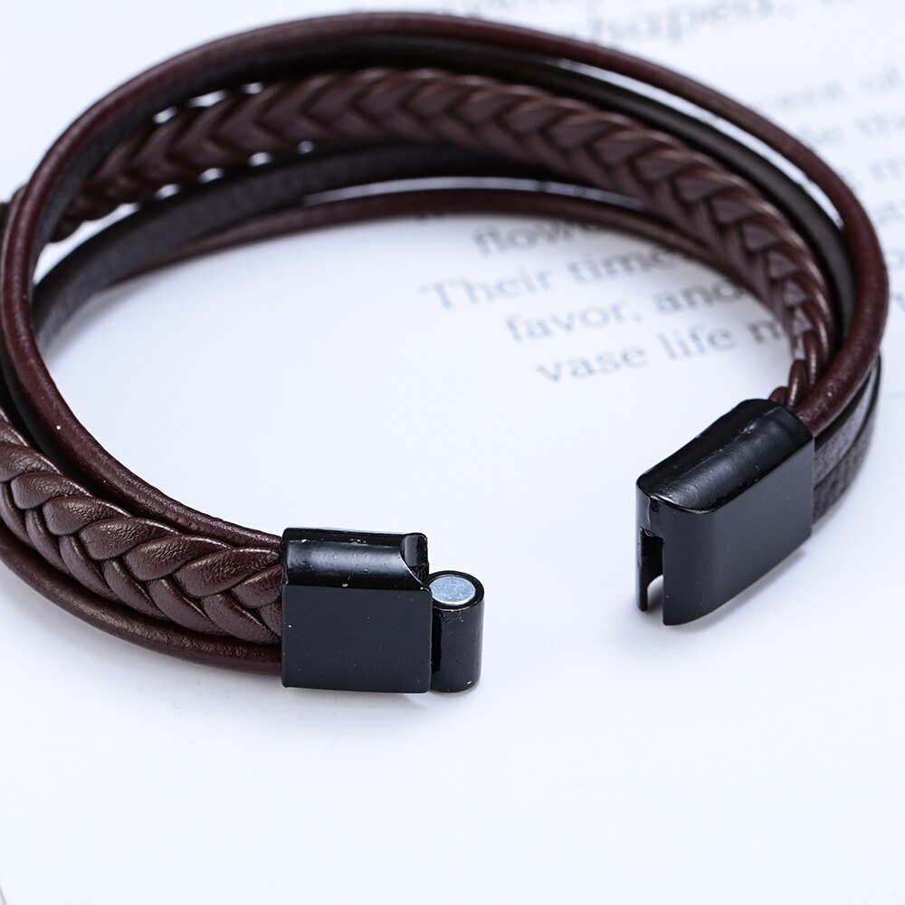 Pulseira de couro masculina, fivela de multicamada, pulseira de couro, fecho magnético, marrom, preto, 1 peça acessórios joias charme