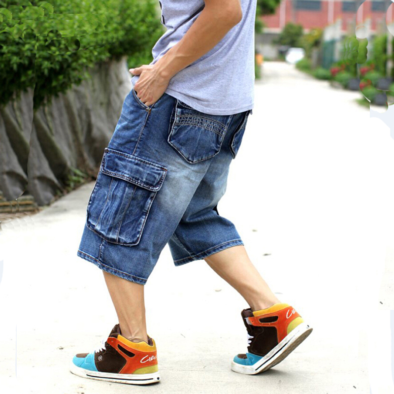 Herre plus size løs baggy denim korte mænd jeans streetwear hip hop lange 3/4 capri cargo shorts lomme bermuda mand blå