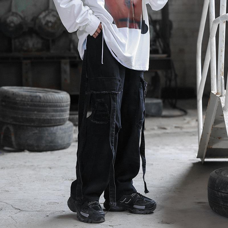 HOUZHOU-pantalones vaqueros rasgados para hombre, ropa de calle, Punk, Rave, gótica, Hip Hop, otoño: Black / S