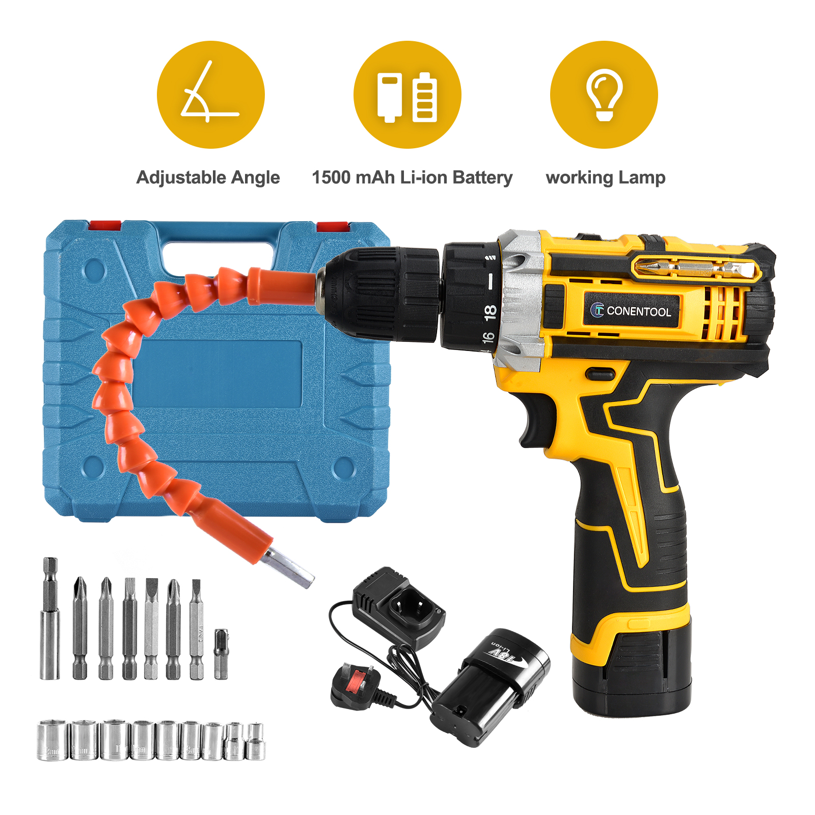 CONENTOOL-destornillador eléctrico inalámbrico recargable, taladro de impacto LED de 2 velocidades, herramientas eléctricas, batería de 1.5Ah, 18V