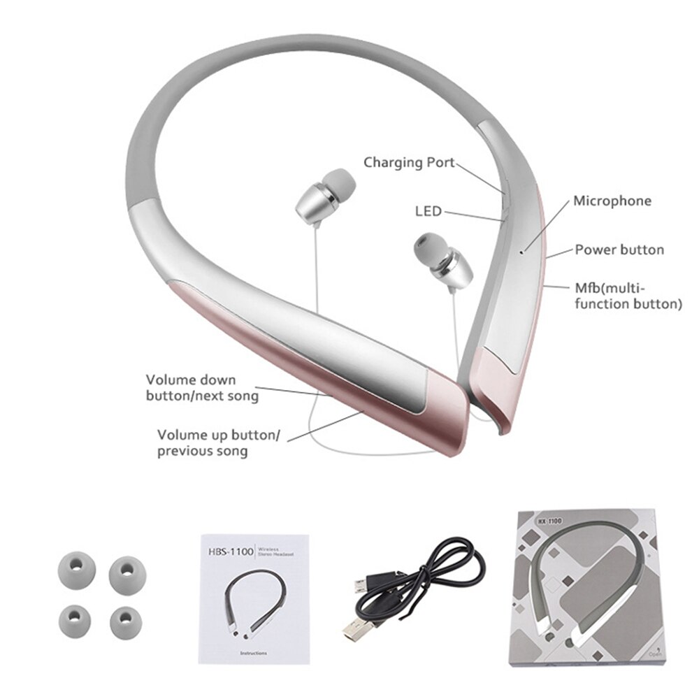 HBS-1100 Stereo Bluetooth Headphone Binaural Hand-free Neckband Earphones Mini Wireless Headset: Silver