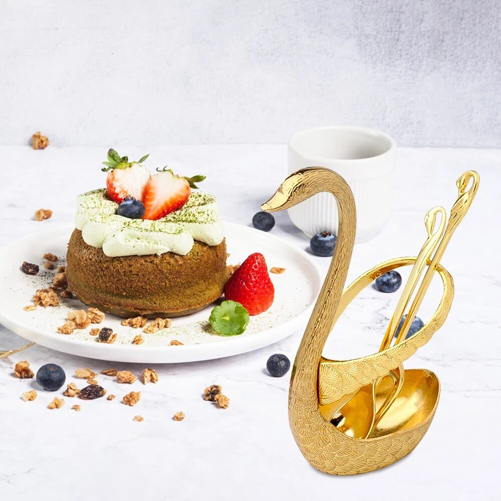 Swan Fruit Base Holder Forks Set Stainless Steel Flatware Bento Accessories Salad Dessert Fork Coffee Spoon Cake Fork Dinner Set