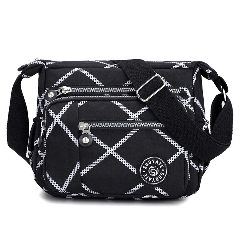 Women Shoulder Messenger Bag Nylon Oxford Lightweight Waterproof Zipper Package Large Capacity Travel Crossbody Bag: 02 Black white