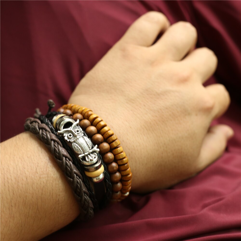 Pulseras de cuero Vintage en negro y marrón para hombre y mujer, ganchos de aleación de bronce para plumas, Charm Wood de búho, cuentas, joyería