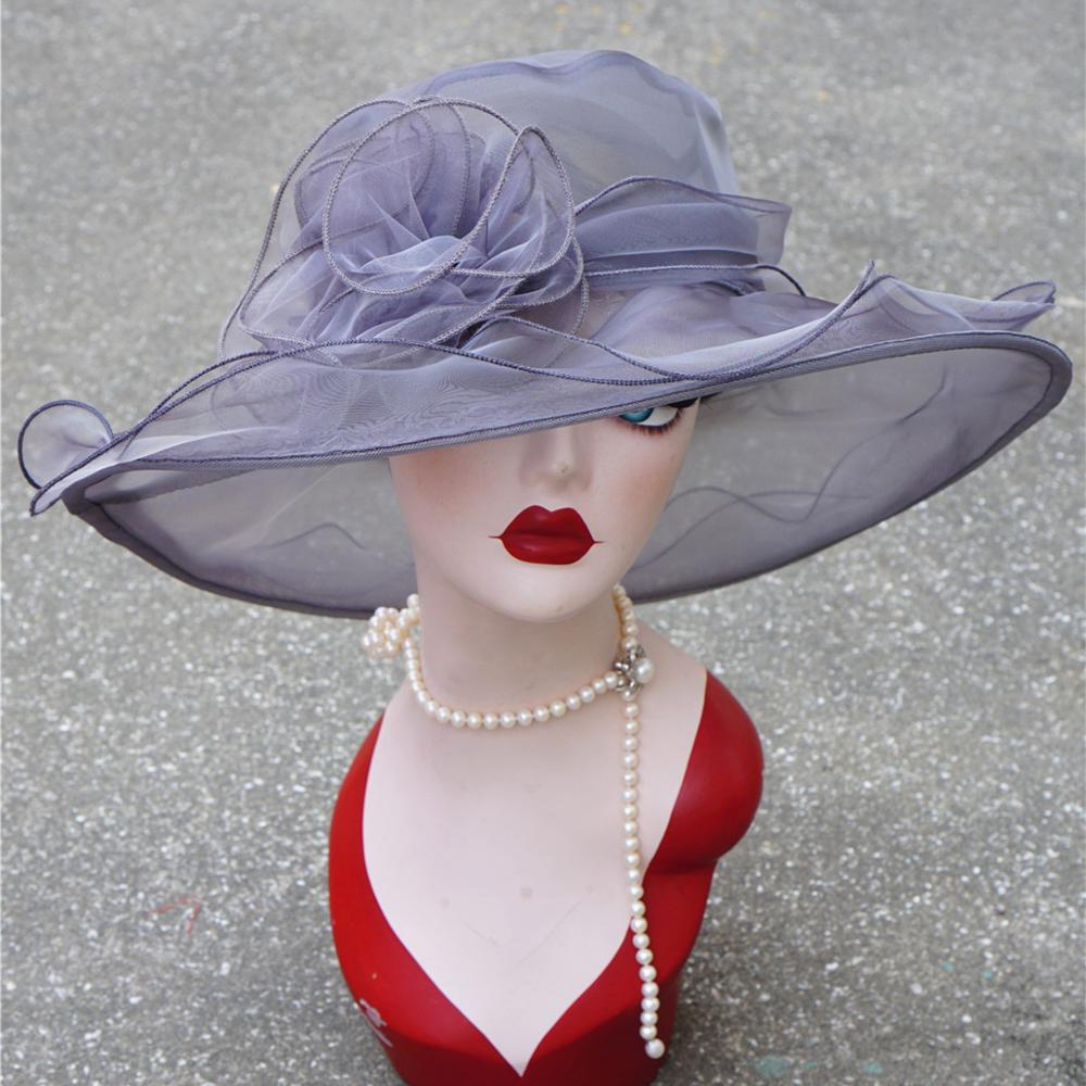 Lawliet Summer Hats for Women Organza Wide Brim Sun Hat Kentucky Derby Wedding Church Tea Party Floral Cap A002