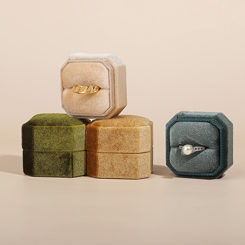 Vintage Octagon Square Velvet Single and Double Ring Box With Detachable Lid Earrings Proposal Engagement Wedding Ceremony