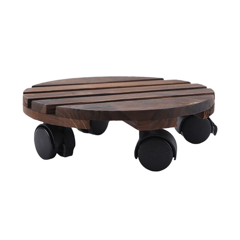 Movable Plant Stand Caddy Round Flower Pot Wooden Trolley Mover With Wheels: Dark Coffee